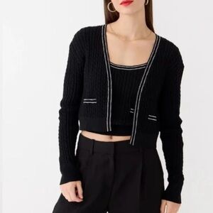 J. Crew Black Tipped Cable Knit Fitted Women’s Crop Cardigan Lady Sweater Sz S